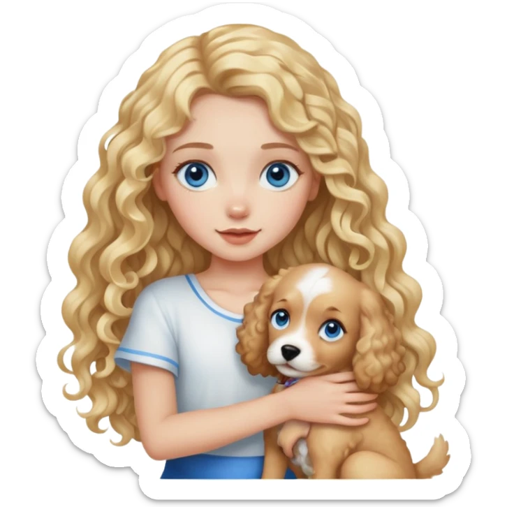 Girl with long curly blonde hair and blue eyes holding dog sticker