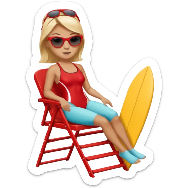 Female lifeguard – red swimsuit, sunglasses, sitting on tall lifeguard chair. sticker