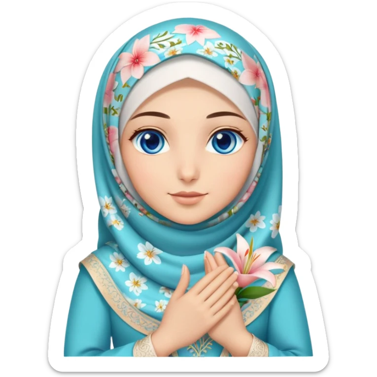 Turkish beautiful finish Konya girl blue eyes with lilies floral hijab dress islamic dress and had on her hand text Eid Mubarak  sticker