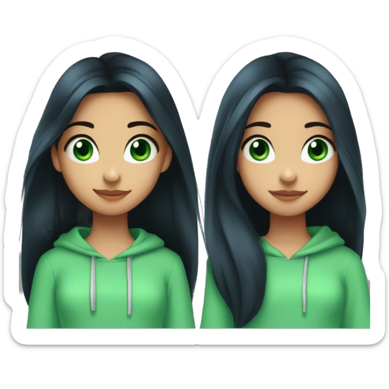 girl 18 years old with black long hair and green blue eyes and a pretty Disney appearance in a blue sweatshirt looking straight sticker