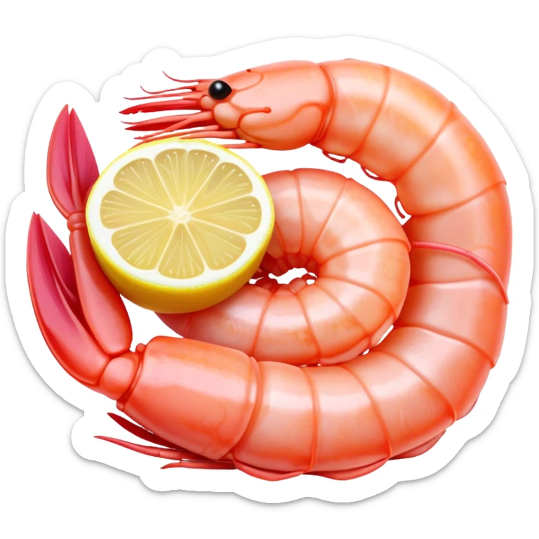 Cinematic glistening shrimp, pink and juicy, slightly curled with a light char, served with lemon wedges, ultra-detailed and fresh, warm glowing background. sticker