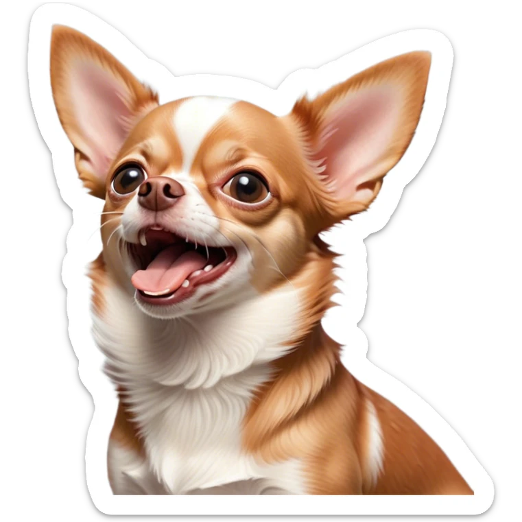 Cinematic Cute Yawning Red/White Short Haired Chihuahua Portrait Emoji, Head tilted slightly with a dramatic, wide-open yawn, soft red and white fur with a smooth texture, floppy ears slightly drooping, round dark eyes barely open in drowsy contentment, Simplified yet irresistibly adorable features, highly detailed, glowing with a soft, cozy glow, high shine, relaxed yet expressive, stylized with a touch of whimsy, bright and endearing, soft glowing outline, capturing the essence of a sleepy yet affectionate pup, so drowsy it feels like it could stretch right out of the screen and curl up for a nap! sticker