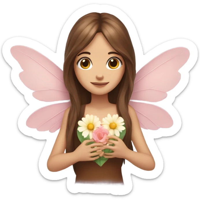 Fairy, long brown hair, wings, flowers, heart eyes, hands holding heart sticker