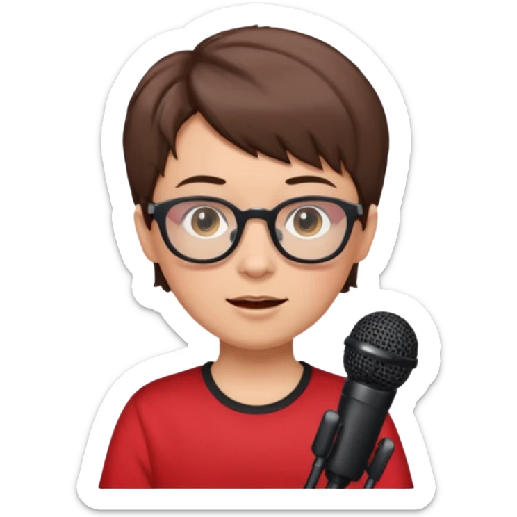 singer, Old, brown short hair, holding mic, red shirt glasses sticker