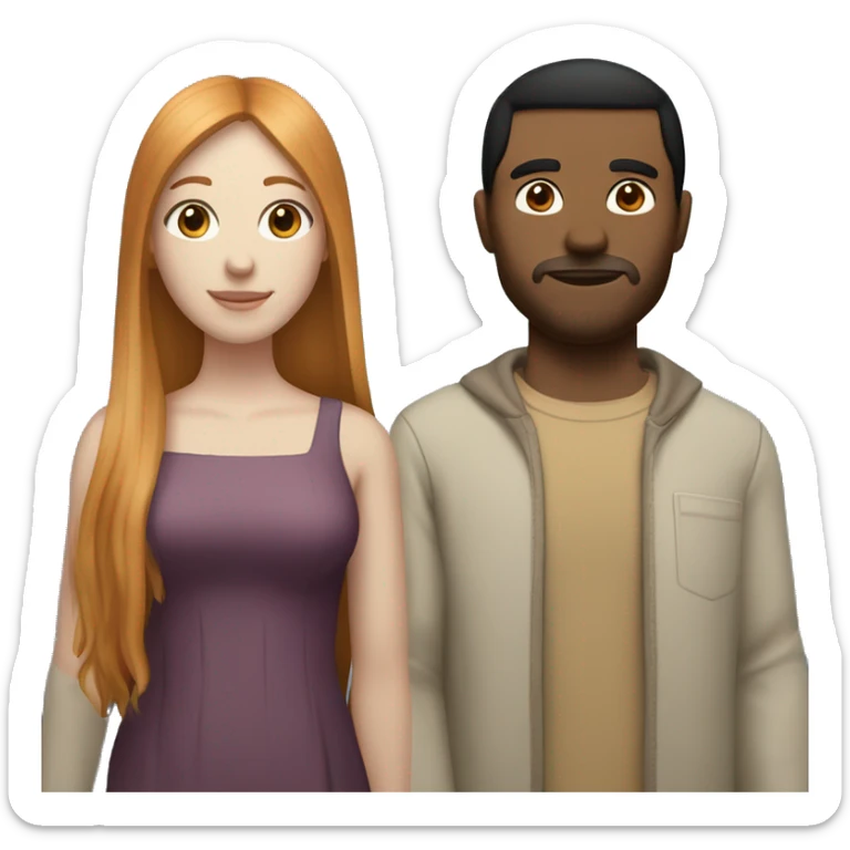 a married couple standing beside eachother, one has pale skin and long straight ginger hair with bangs and blue eyes, the other person is a man that is mexican and has tan skin and straight chin length black hair with brown eyes sticker