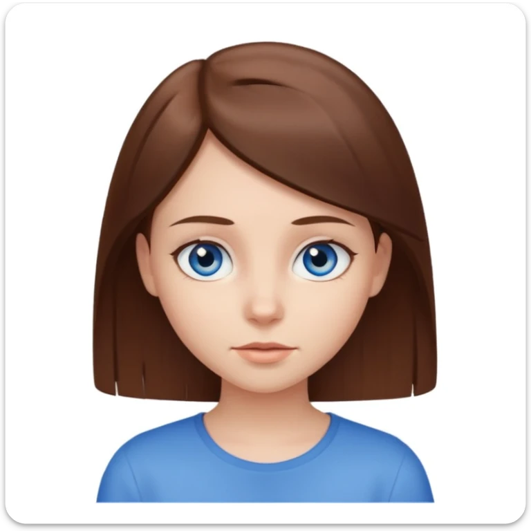 emoji of a girl with straight brown hair and blue eyes neutral expression on a white background sticker