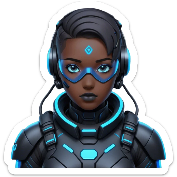 A futuristic cyberpunk soldier, black exosuit, neon blue accents sticker