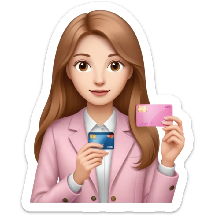 Femme au cheveux long et châtain qui tient une carte bancaire rose clair  sticker
