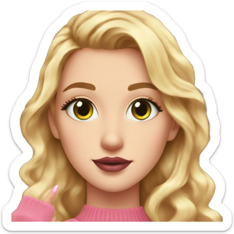 White girl pink sweater pink lipstick green eyes gold earrings pink nails reddish golden wavy long hair upper body holding books sticker
