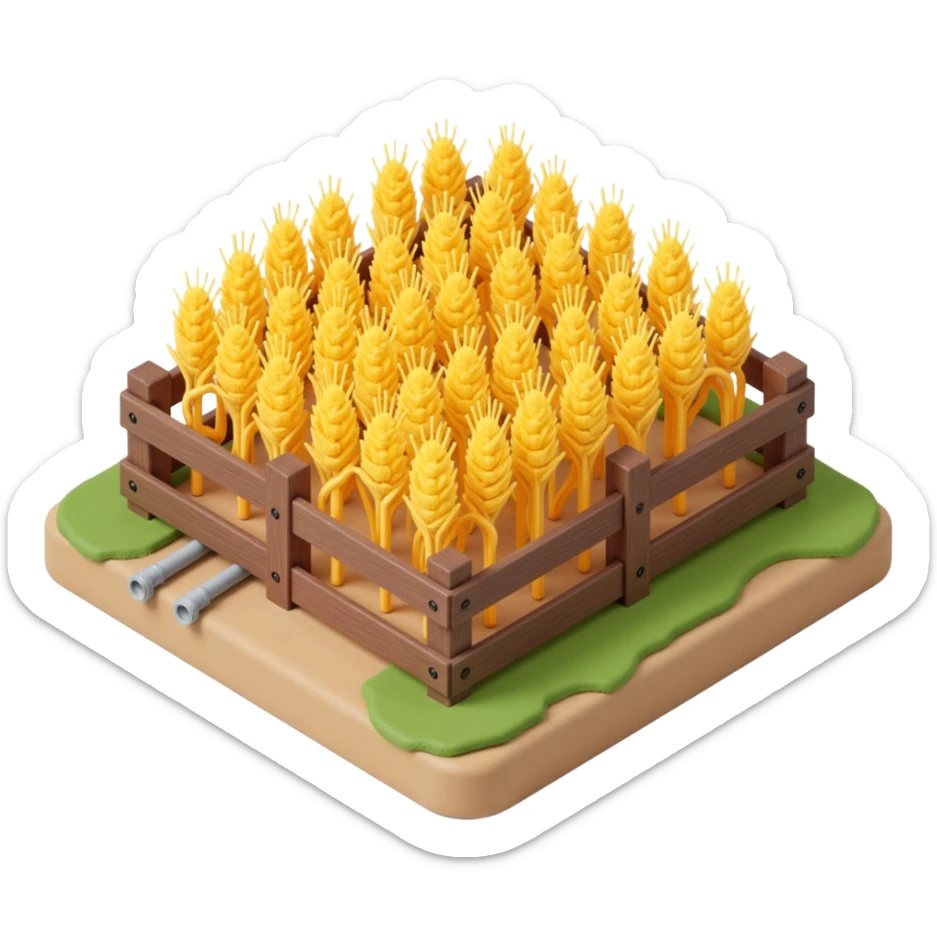 Exterior view of a small cartoon-style farm with a tiny wheat field, a few golden stalks swaying, wooden fence, small irrigation pipes along the soil sticker