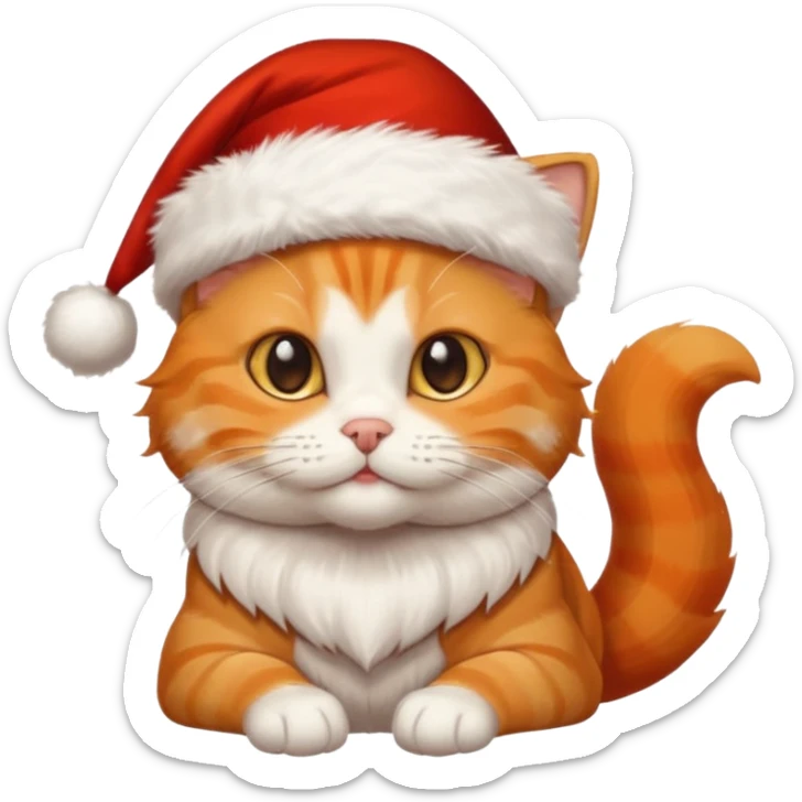 Make me a orange tabby cat with a white chin and a bit of white on the end of his tail with a Santa hat sticker