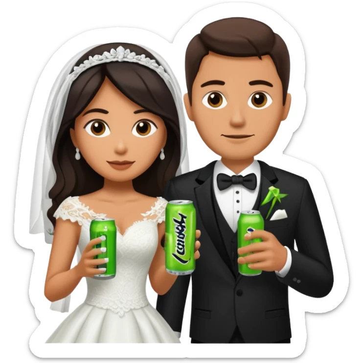 mexican wife in white wedding dress and white husband in wedding suit holding monster energy drink sticker