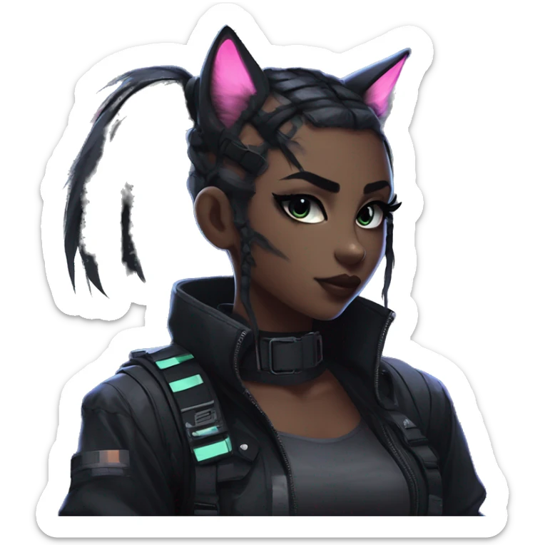 Gorgeous cyberpunk ponytail dark techwear anime style anthro black cat furry with blushing face aesthetic and pretty edgy black with collar and harness trending style sticker