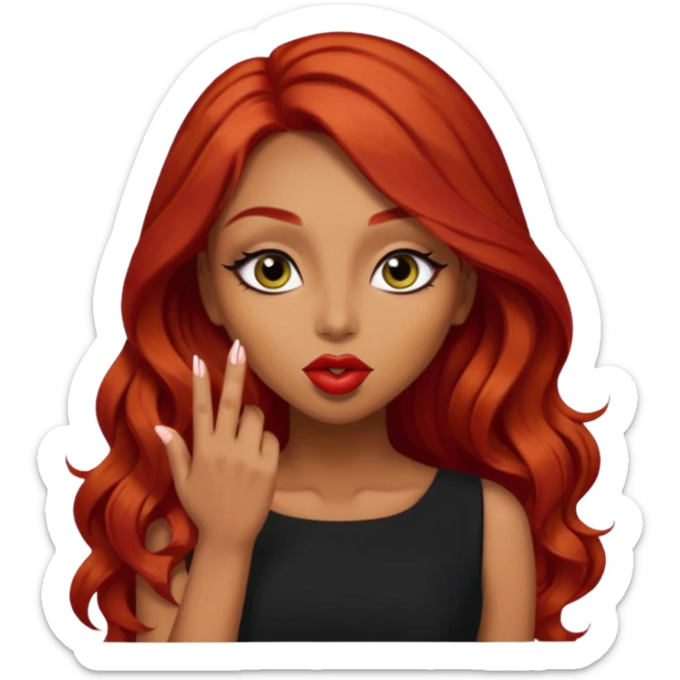  woman with long red hair and dark eyeliner make up and olive skin sending a kiss in black dress sticker