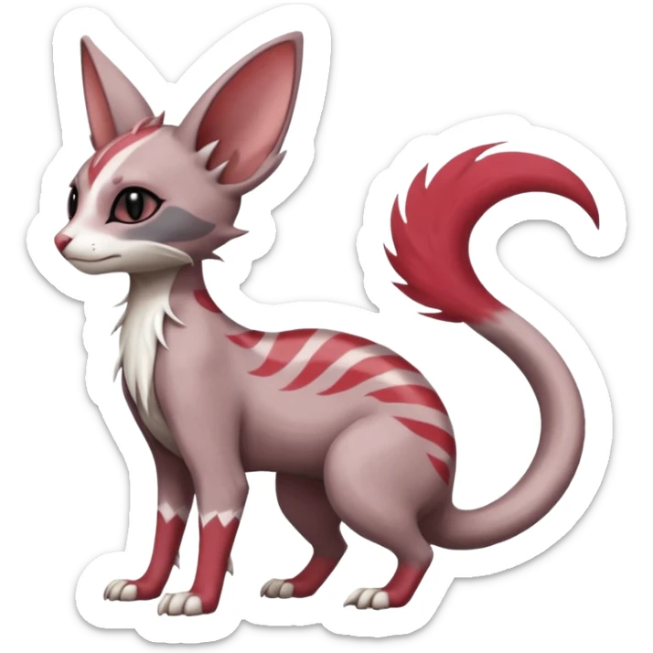 Minccino-Lykoi-Emolga-Sphynx-Linoone-Zangoose-fusion-hybrid-animal-Fakémon-creature, full body, thin long sleek scaly tail, intricate markings sticker