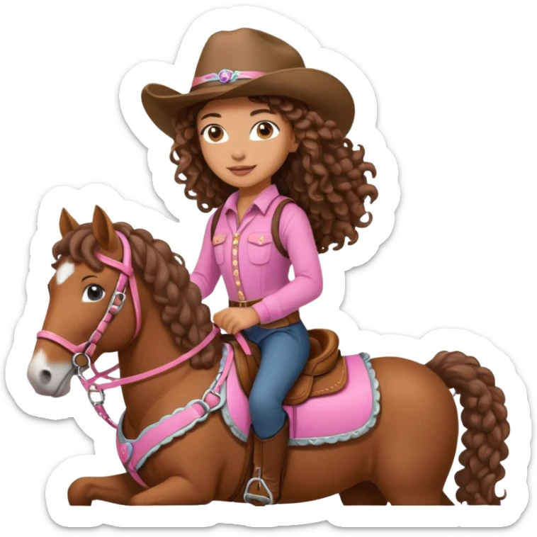 Realistic mixed race girl with long curly hair, riding a big draft horse, wearing pink harness and saddle  sticker