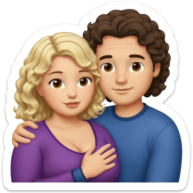 flirty couple hugging. The man dark brown brushed hair. The woman is chubby and has shoulder-length blond curls sticker