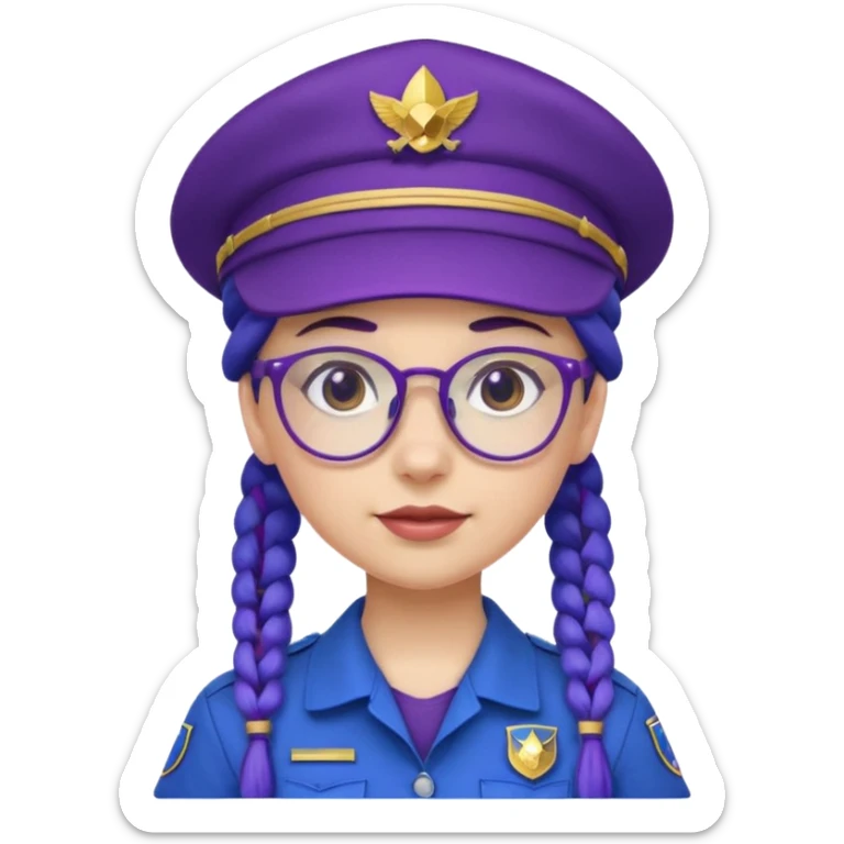 blue uniform wearing scout kid with purple braids and glassess with blue scout hat sticker