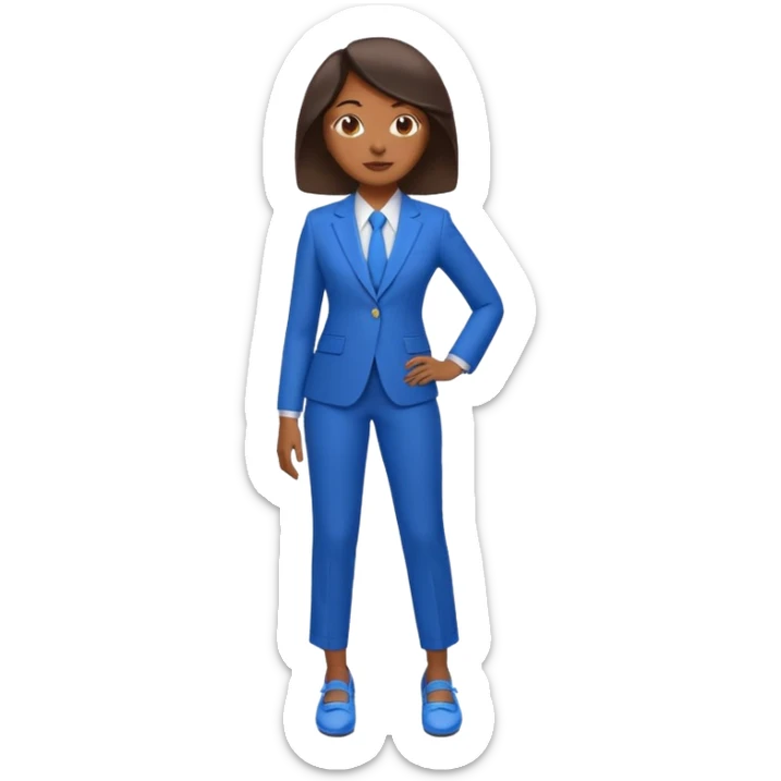 black woman in a blue smart suit and shoes, standing with hands by her side, confident expression, emoji style sticker