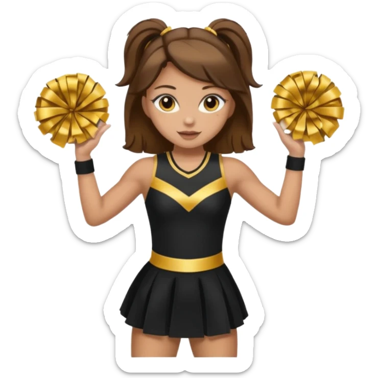 Cheerleader with golden skin tone skin, brown eyes, brown hair and full dress outfit black and gold sticker