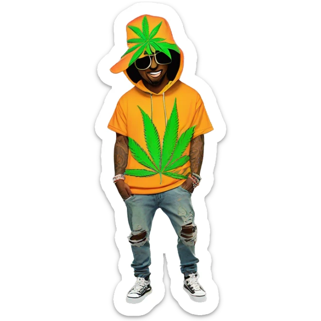 Hemp leaves Multicoloured neon person smoking wearing hoodie dancing hip hop bucket hat tropical Skater fashion aesthetic baggy clothes graphic t shirt 420 sticker