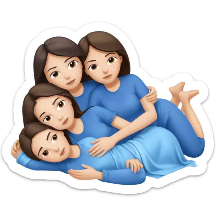 two white brunette women lying down full body on top of each other wrapped around each other one wearing a blue shirt they should be melting into each other sticker