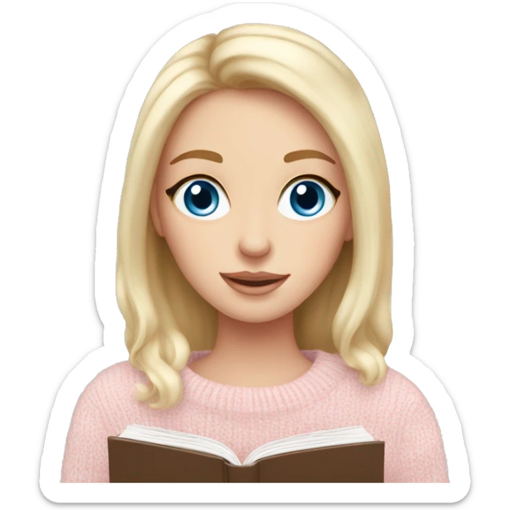 Pretty blue eyed white girl with light pink sweater reading cozy sticker