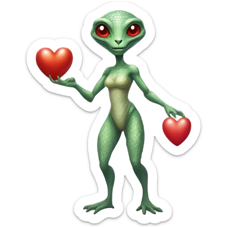 a Reptilian alien woman full body, holding big red heart sticker
