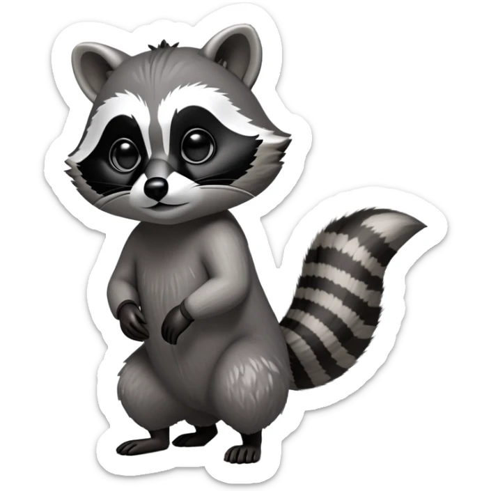 Cinematic-cute Raccoon-Realistic-hunched Full-Body on all fours-Emoji – Tail flicking lazily, head tilted dramatically, thick grey fur with a signature black mask, sharp and alert ears, simplified yet realistic focused features, highly detailed, glowing with an almost sarcastic glow. big black eyes sticker