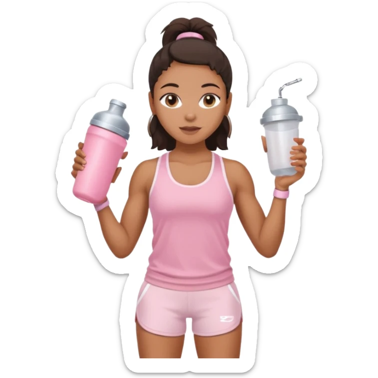 Mixed-race athletic woman with bronzed skin, wearing baby pink tank top and white shorts, holding a protein shaker sticker