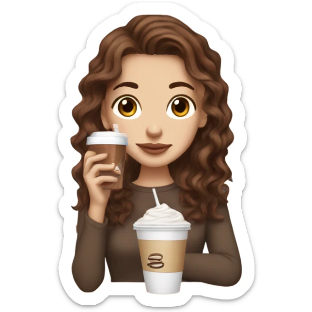 aesthetic white girl with brown wavy hair and brown eyes sipping an iced americano in a cute coffee shop  sticker