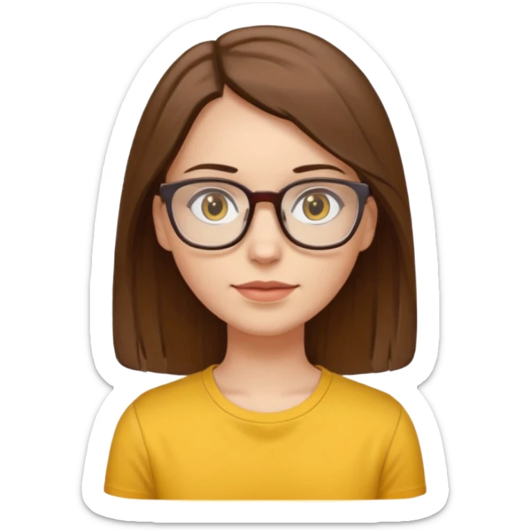 Hawaii female with white skin. Shoulder length straight brown hair. Brown eyes with glasses. Female wearing yellow shirt. sticker