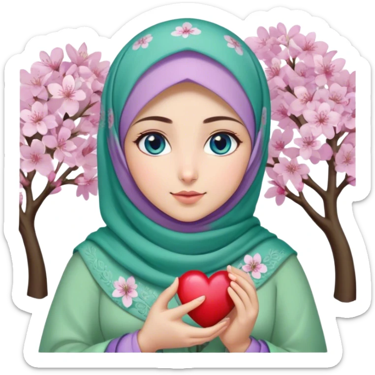Turkish beautiful finish Konya girl blue eyes with cherry blossom flower lila green design hijab and hold heart in her hand  sticker