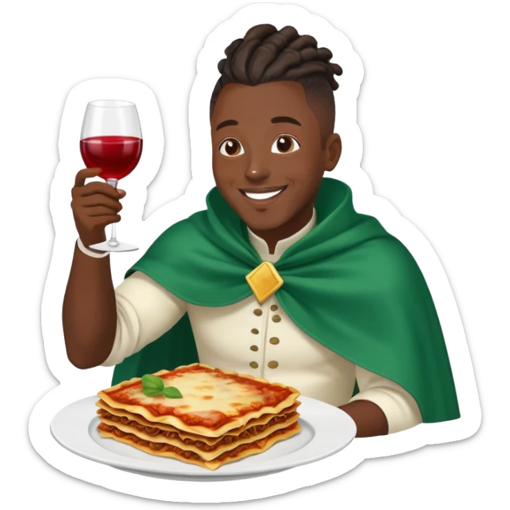  High fade widows peak ponytail dreadlock male black hair dark skin smiling and nigerian cape lasagna and wine while flying through the air sticker