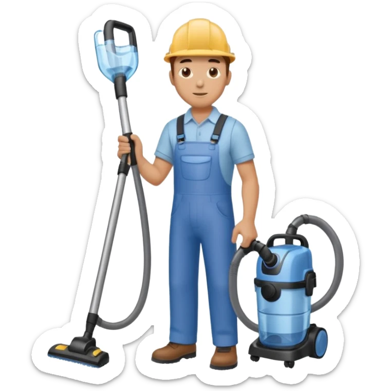 técnico de limpieza hombre sujetando la boquilla de una aspiradora de agua sticker
