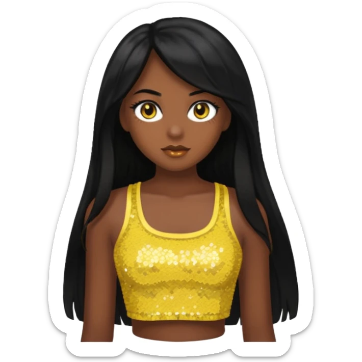 Christie from Barbie & Friends with brown eyes, long black hair, yellow sequin crop top, dark skin sticker