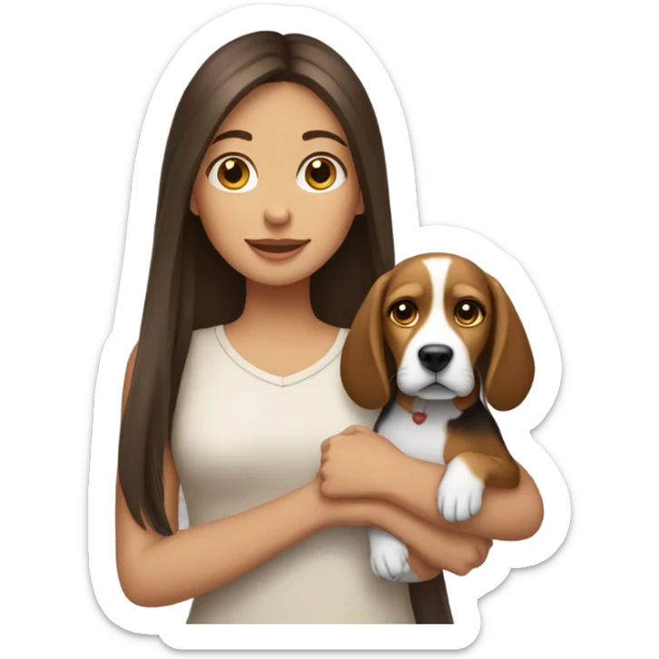 a brunette girl with long straight hair and a beagle puppy sticker