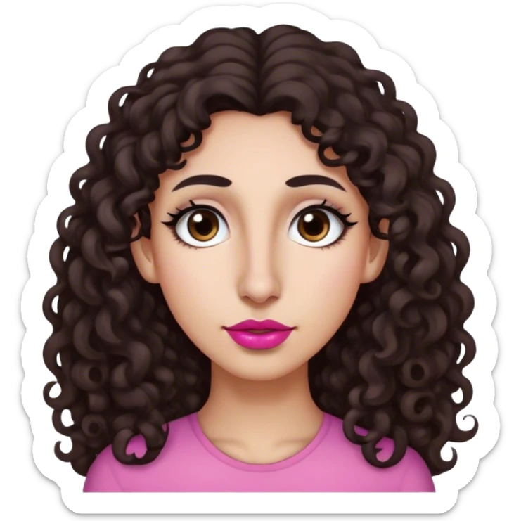 Long dark brown curly hair, long nose, long chin, long face, small dark brown eyes, dark far eyebrows, light medium skin tone, small pink lips sticker