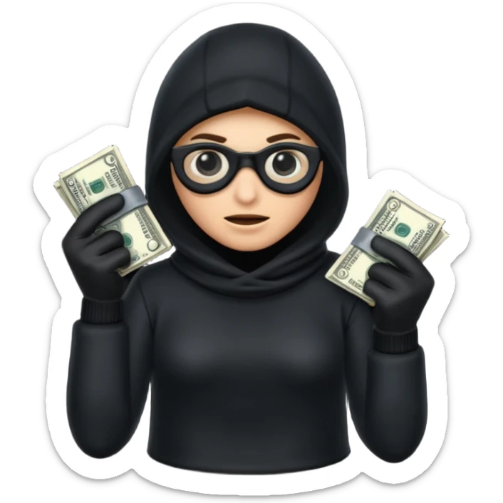 Robber with money na mão direita com uma blusa de frio preta  sticker