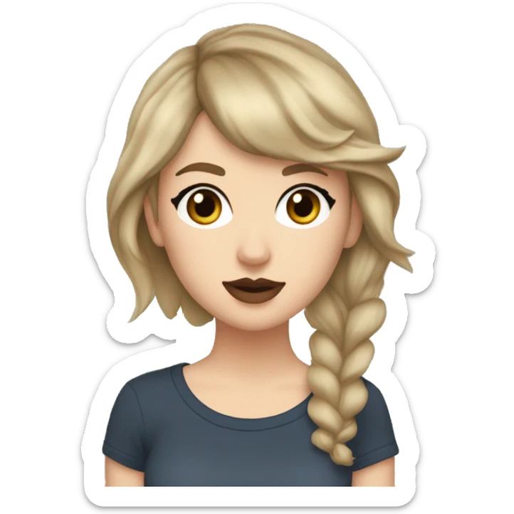 white girl with dirty blonde brownish hair and bluey/grey eyes and a mole on left middle of the cheek and wearing a taylor swift tshirt sticker