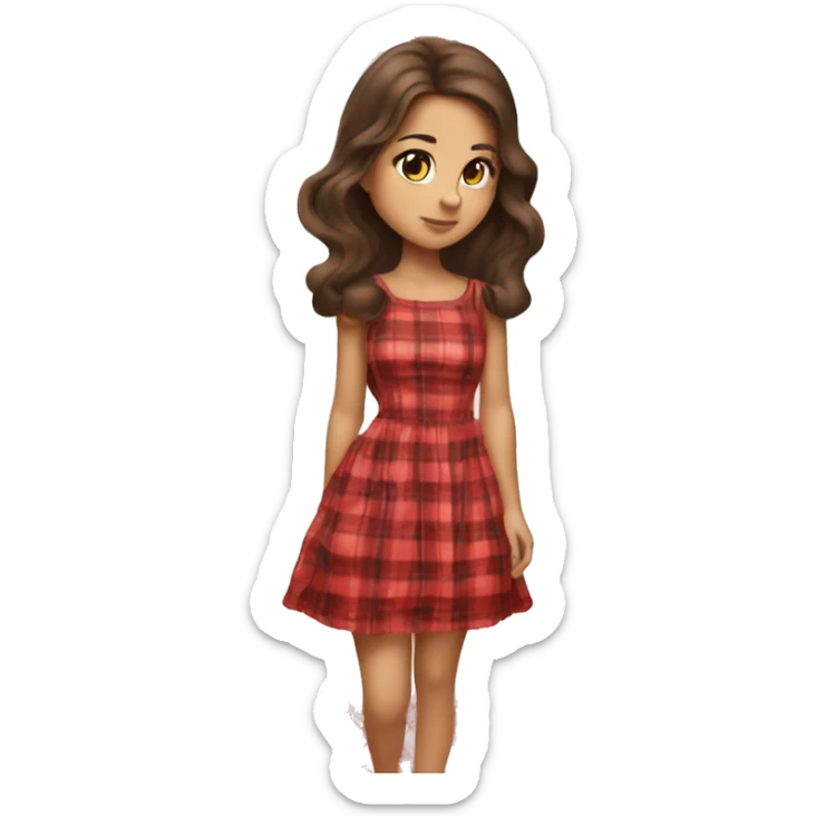 Pretty peach skin brunette woman with long flowing hair and red rosy cheeks in red plaid babydoll dress sticker