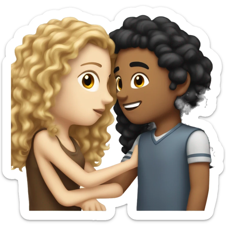 white boy with curly brown hair kissing white girl with straoght black hair sticker