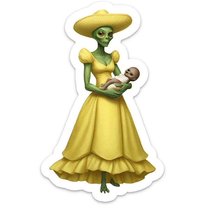  Reptilian alien woman, full body, in victorian jellow elegant dress, holds a newborn humman baby sticker