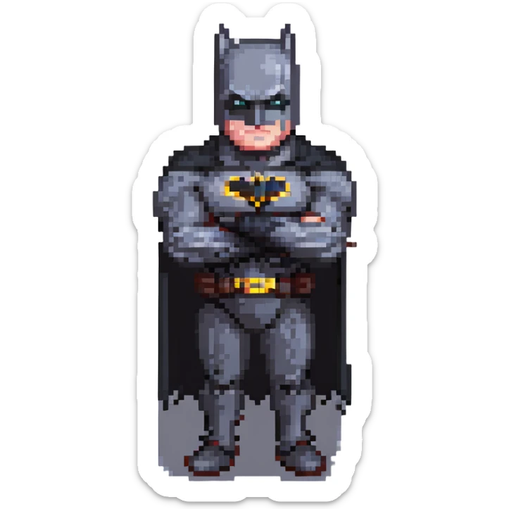 Batman in pixel art style, standing with arms crossed, classic gray and black suit sticker