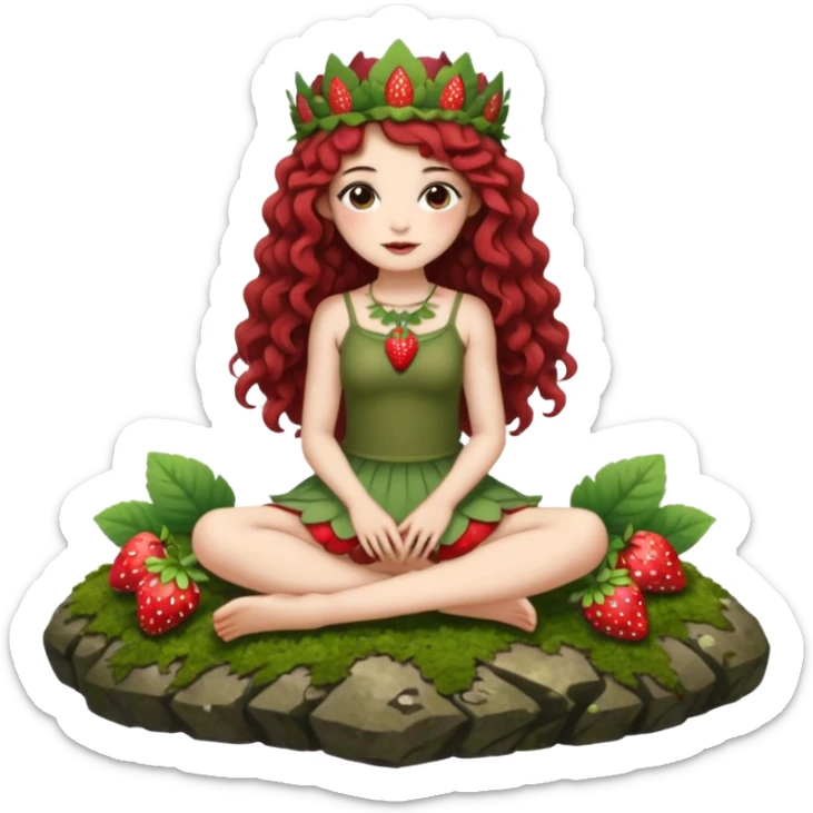 full body woman long curly brown hair brown eyes white skin tattoos sitting on moss rock wearing strawberry crown and short petal skirt sticker