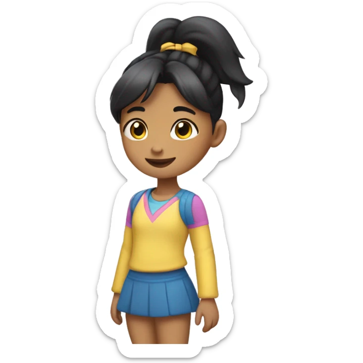 A 7-year-old girl with black hair in a ponytail, wearing yellow, pink, and blue clothes sticker