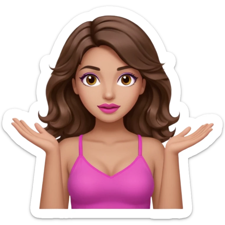 girl with long wavy brown hair, brown eyes, long lashes makeup, sexy pink lips, light to medium complexion, pink sexy top, two hands up shrugging sticker