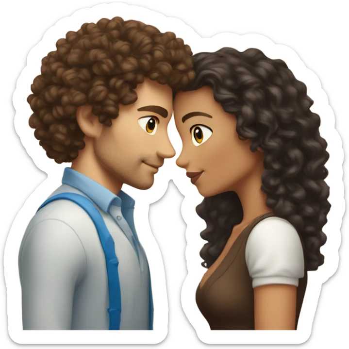 Tanned complexion woman with curly hair and white man with blue eyes and dark brown hair kissing  sticker