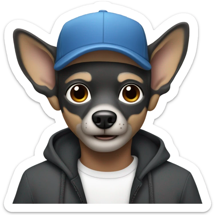 blue eyed man, with grey hair,  grey goatee, wearing ball cap, holding long hair black chihuahua sticker