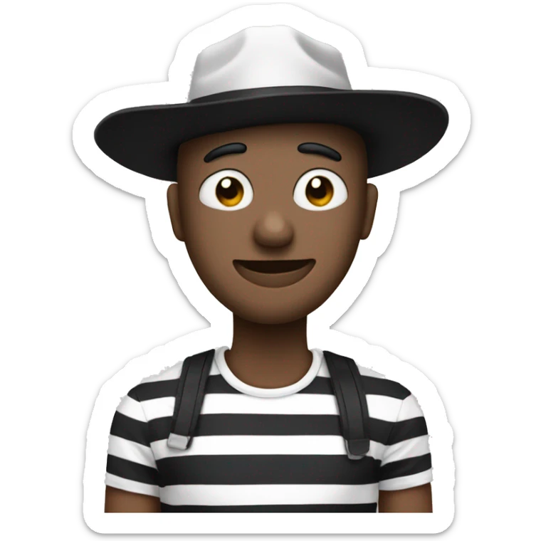 a man with an eye mask and an black and white stripes  t shirt and a hat sticker